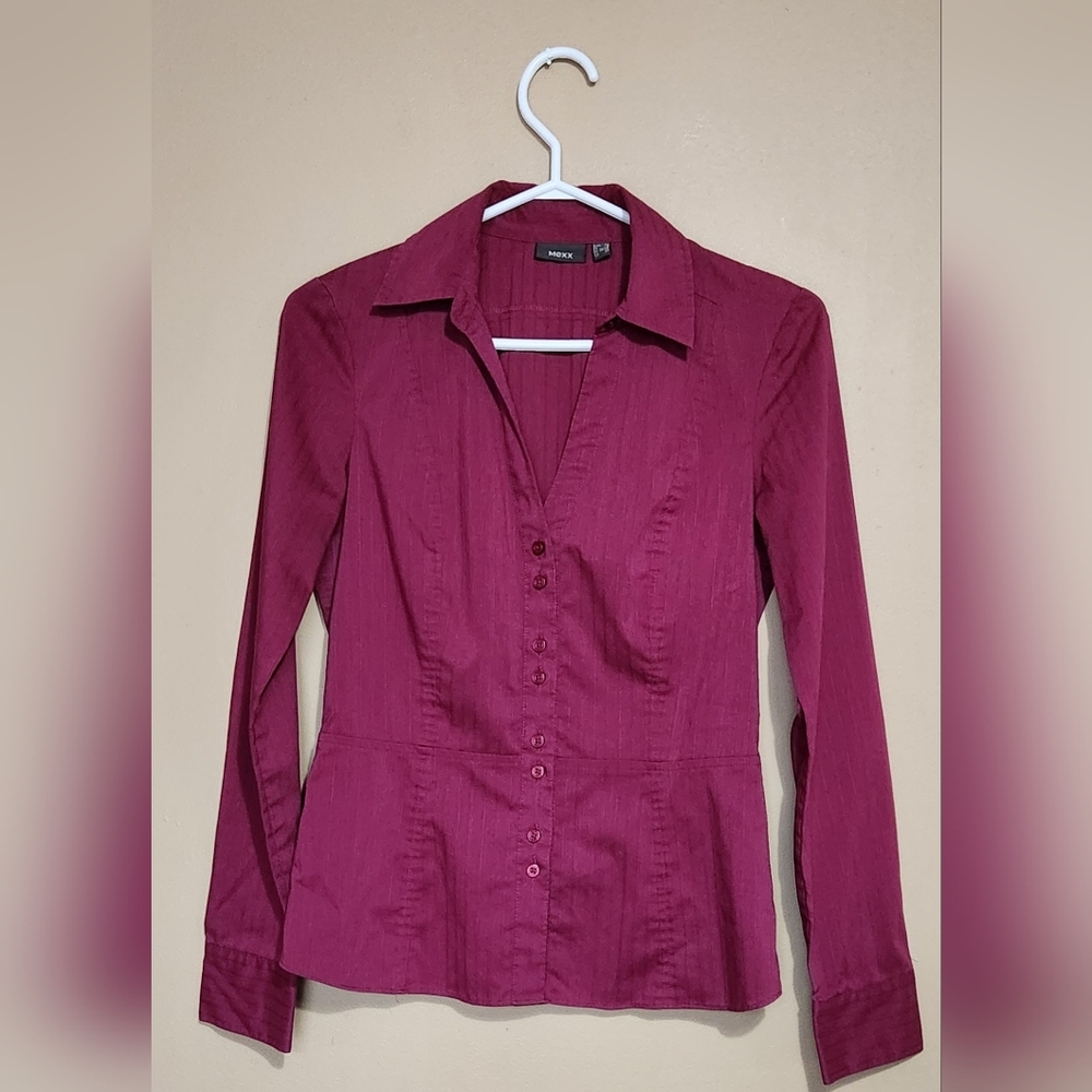 Mexx Women Button Down Shirt Cinched Waist Long Sleeve Dress Shirt Plum Sz 34